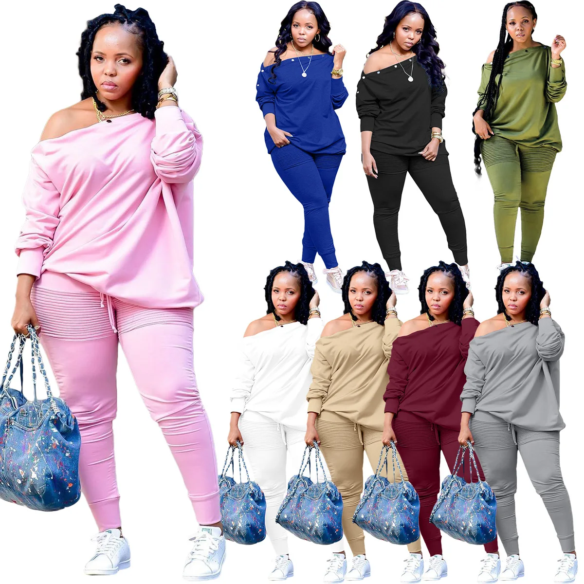 spring 2022 plus size women clothing solid color oblique shoulder long sleeve rivet decoration two piece pants set, Picture
spring 2022 plus size women clothing solid color oblique shoulder long sleeve rivet decoration two piece pants set, Picture