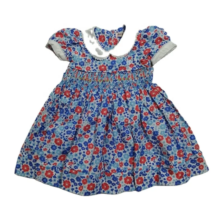 

New arrival vintage European style short sleeve little girls frock floral print smocking dress for kids 1-5 years, 4 colors