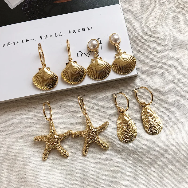 

Fashion Ocean 18K Gold Plated Starfish Drop Earring Vintage Pearl Shell Dangle Earrings