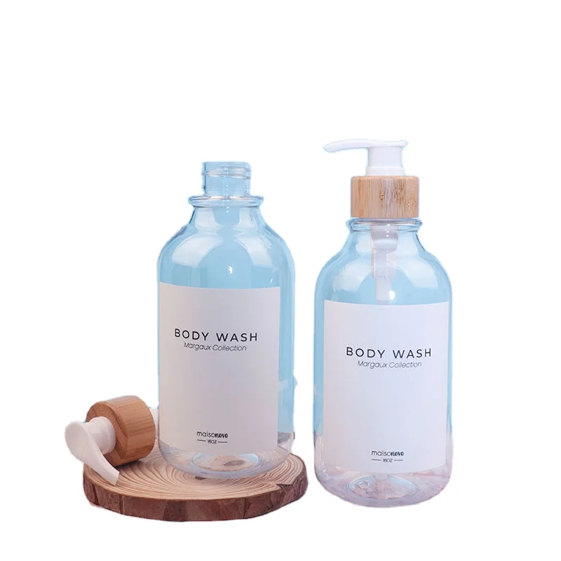 Customization 500ml transparent PET shampoo empty bottles with bamboo collar and white pump
Customization 500ml transparent PET shampoo empty bottles with bamboo collar and white pump
