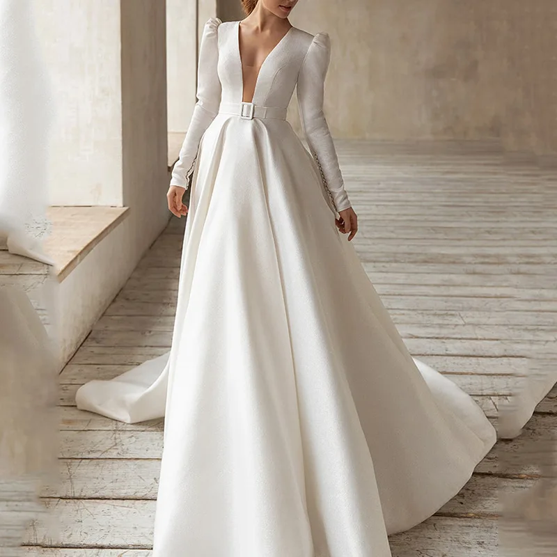 French elegant white princess satin sexy long sleeve women bridal gowns wedding dresses, Customized color
French elegant white princess satin sexy long sleeve women bridal gowns wedding dresses, Customized color