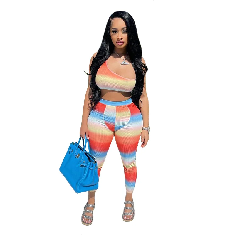 Gradient Printed Colorful Sports Athleisure Two Piece Set Women Outfits One Shoulder Crop Top Pants Matching Sets B1110
Gradient Printed Colorful Sports Athleisure Two Piece Set Women Outfits One Shoulder Crop Top Pants Matching Sets B1110