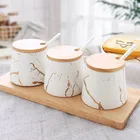 Herb Spice Tools With Nordic Style Decals Marble White Ceramic Canister Condiment Spice Set With Wood Tray / Lid