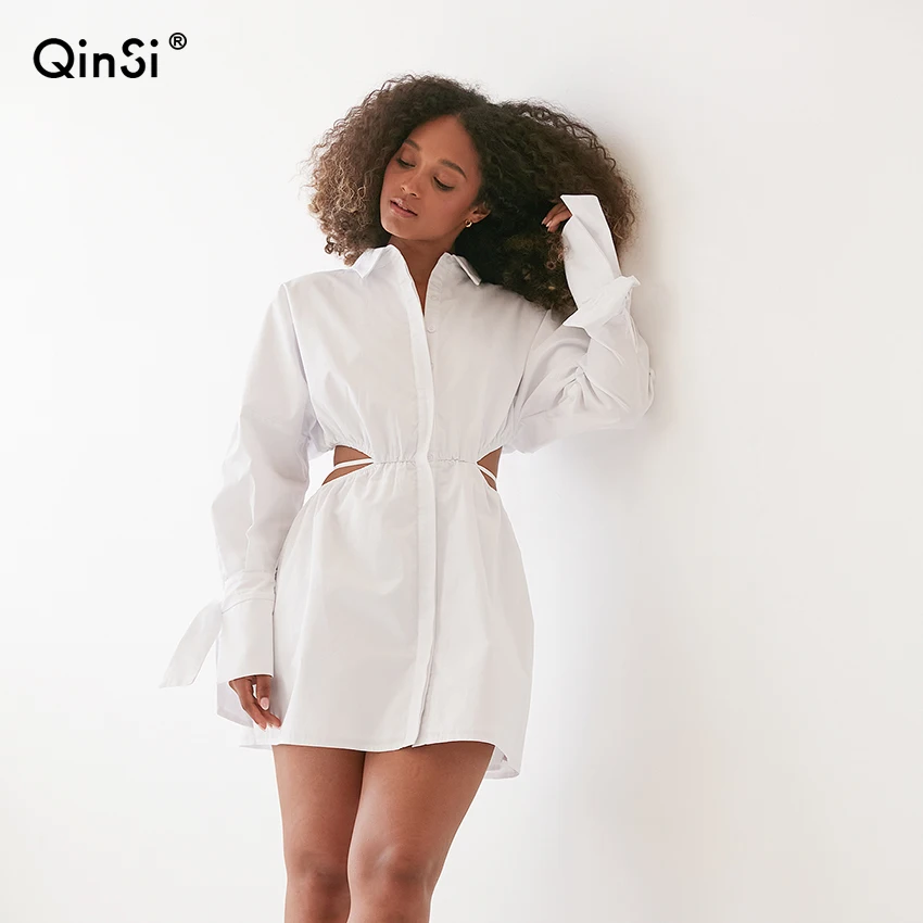 QINSI Lapel Collar Ladies Lace-Up Summer Black Dress Sexy High Waist Hollow Out A-Line Dress Chic Women White Shirt Dress
QINSI Lapel Collar Ladies Lace-Up Summer Black Dress Sexy High Waist Hollow Out A-Line Dress Chic Women White Shirt Dress