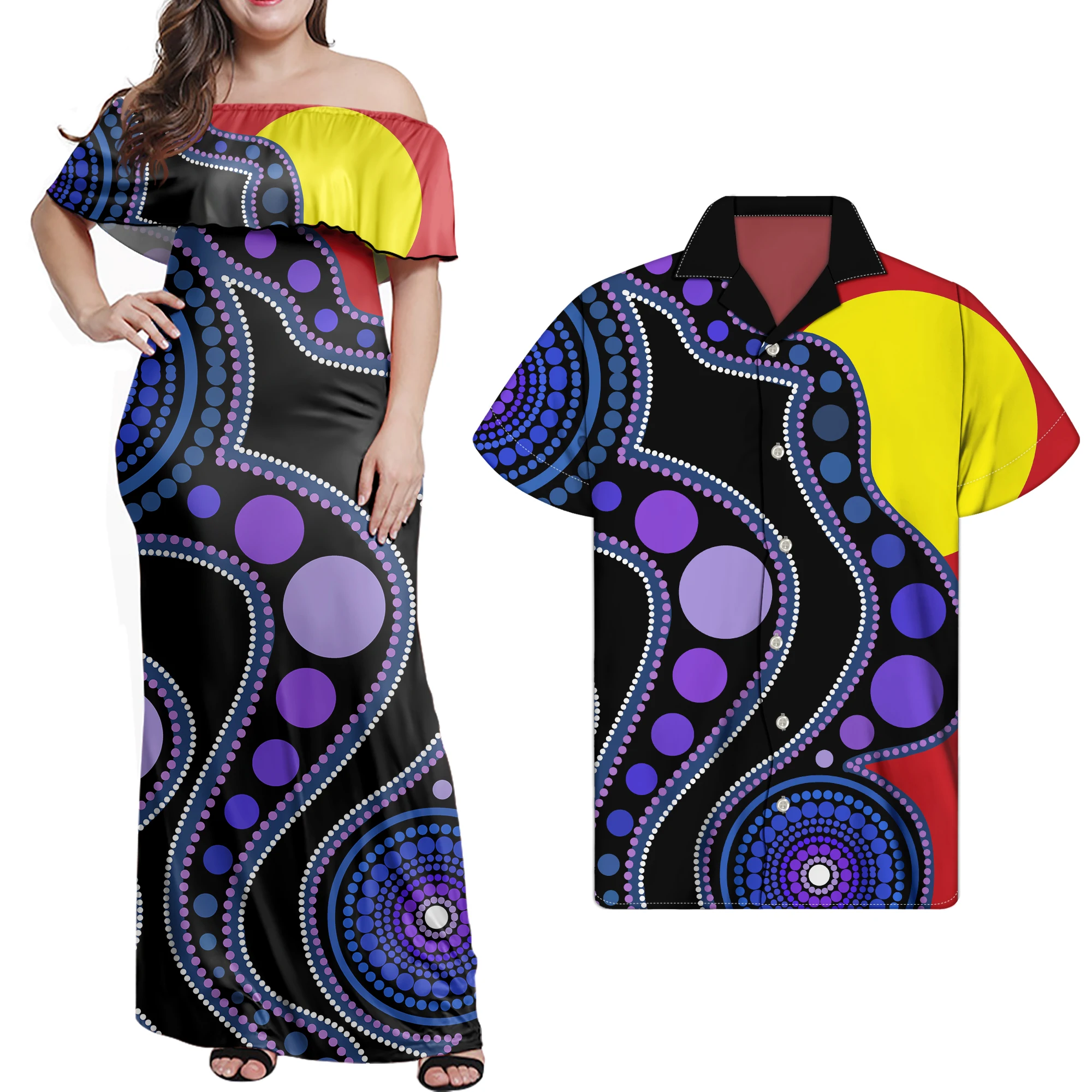 Colorful Australian Aborigines Print Off Shoulder Ruffle Long Bodycon Dress Top Women Match Men Shirts Couple Clothing Set, Customized color
Colorful Australian Aborigines Print Off Shoulder Ruffle Long Bodycon Dress Top Women Match Men Shirts Couple Clothing Set, Customized color
