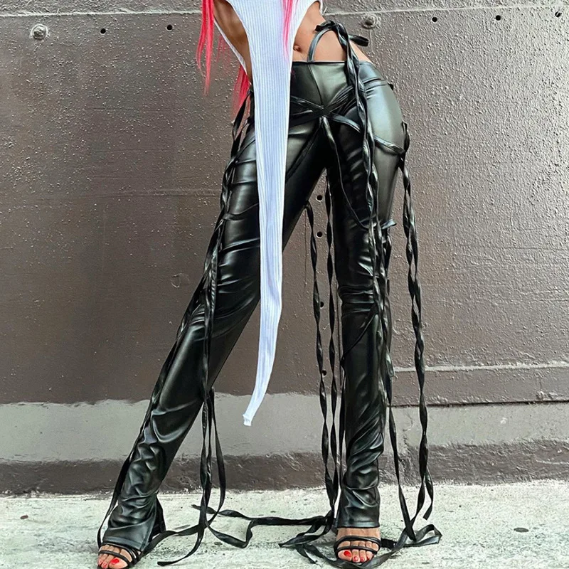 Midnight Faux PU Leather Skinny Pants Ribbon Criss Cross Women High Waist Baggy Trousers Fashion Fall 2020 Clothing Hot
Midnight Faux PU Leather Skinny Pants Ribbon Criss Cross Women High Waist Baggy Trousers Fashion Fall 2020 Clothing Hot