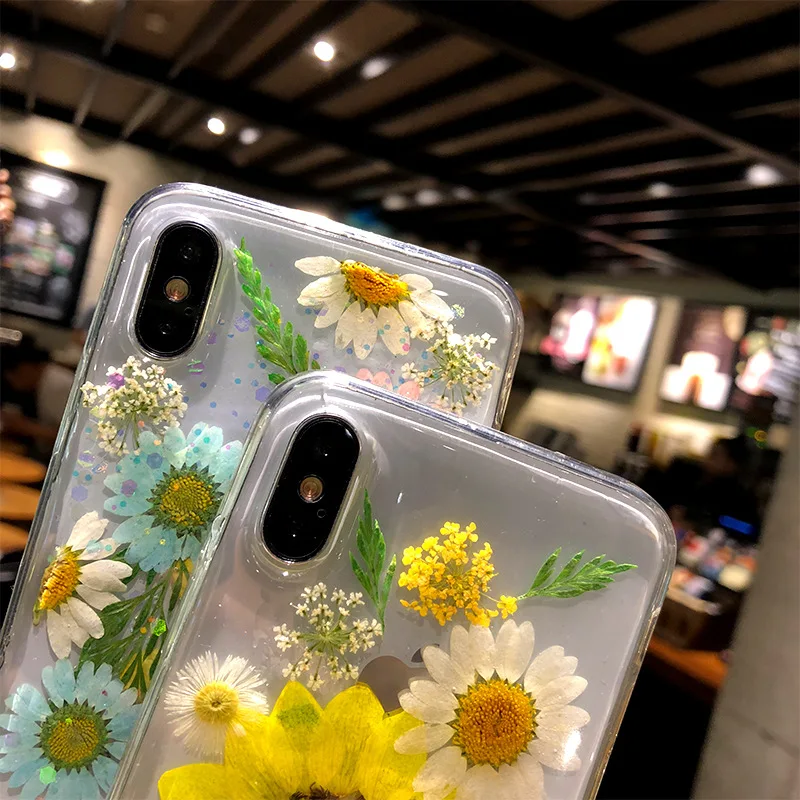 Shockproof Mobile Accessories  Epoxy 3D Dry Dried Real Flower Acrylic Back Phone cover Case