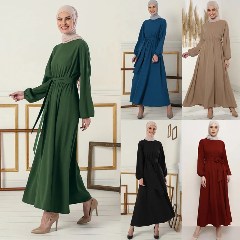 

2021 Summer Finest Design Muslim Middle East Women's Fashion Bat Sleeve Dress Abaya Long Dress Muslim Arabian Dress, Khaki, pine flower green, wine red, blue cyan, black