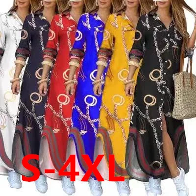2021 summer fashion plus size women's dresses chain printed button 4xl woman casual elegant long sleeve shirt dress for women, Customized color
2021 summer fashion plus size women's dresses chain printed button 4xl woman casual elegant long sleeve shirt dress for women, Customized color