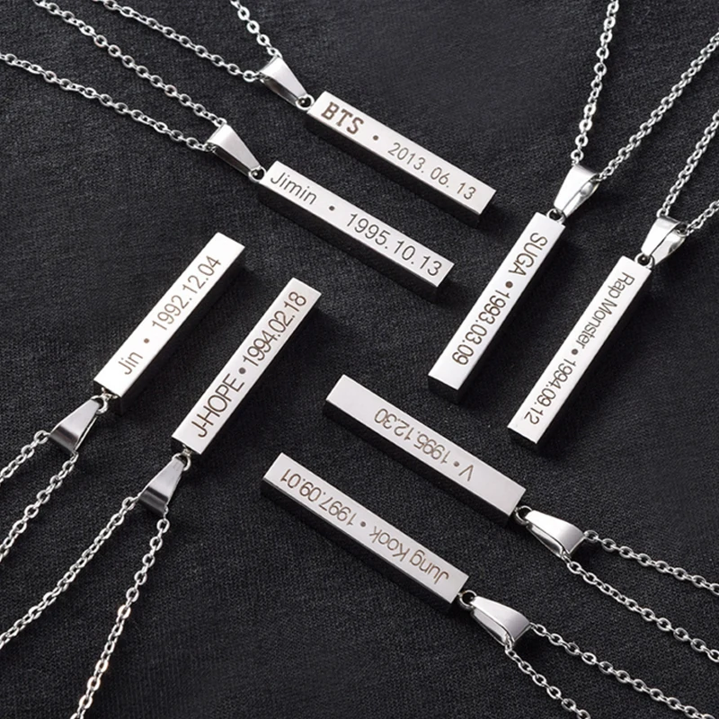 

BTS Bangtan Boys Kpop Accessories Personalized Silver Chain Necklaces Fans Boys Titanium Steel Name Engraved Album Necklace, As pictures
