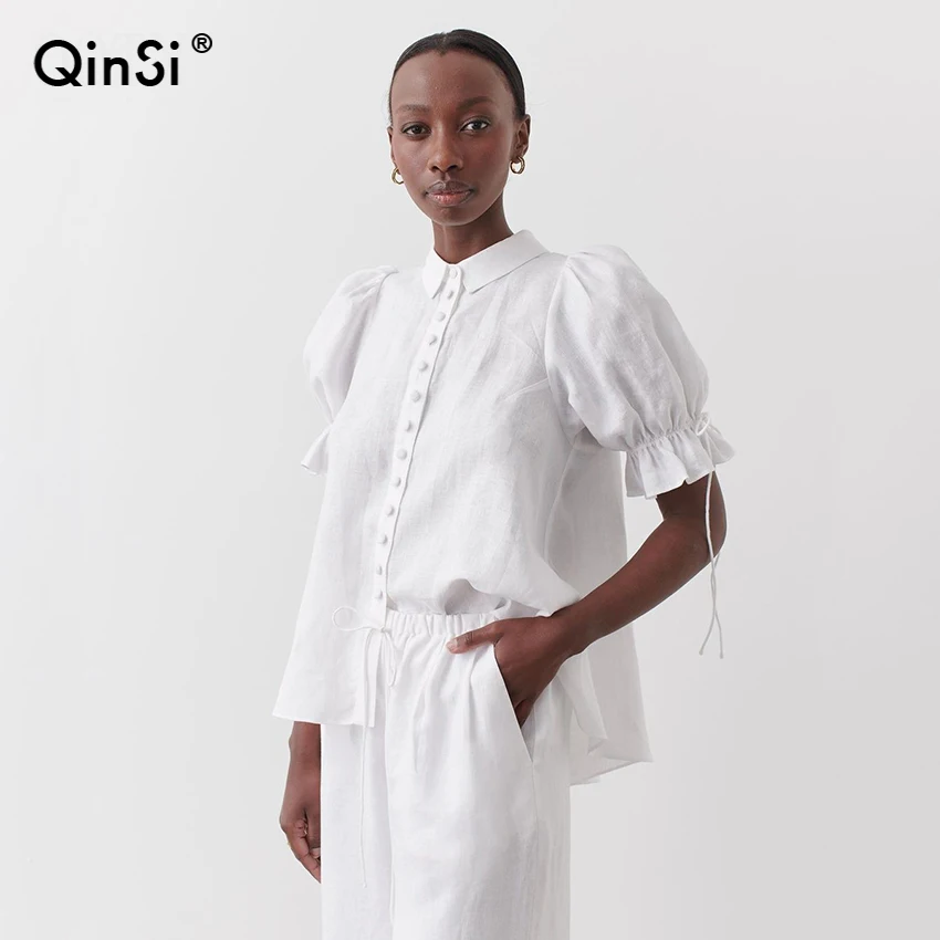 QINSI Women New Fashion Elegant Woven Blouses Short Sleeve Turn Down Collar Shirt Office Blouse Slim Casual Female White Solid T
QINSI Women New Fashion Elegant Woven Blouses Short Sleeve Turn Down Collar Shirt Office Blouse Slim Casual Female White Solid T