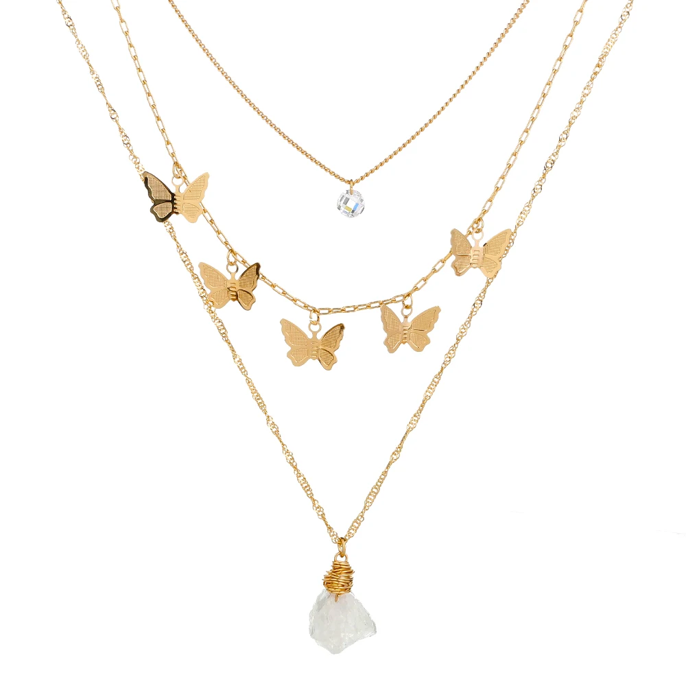 

Boho Butterfly Necklace Natural Stone Raw Healing Crystal Zircon Gem pendant Choker Chain Layered Quartz Necklace Women Jewelry
