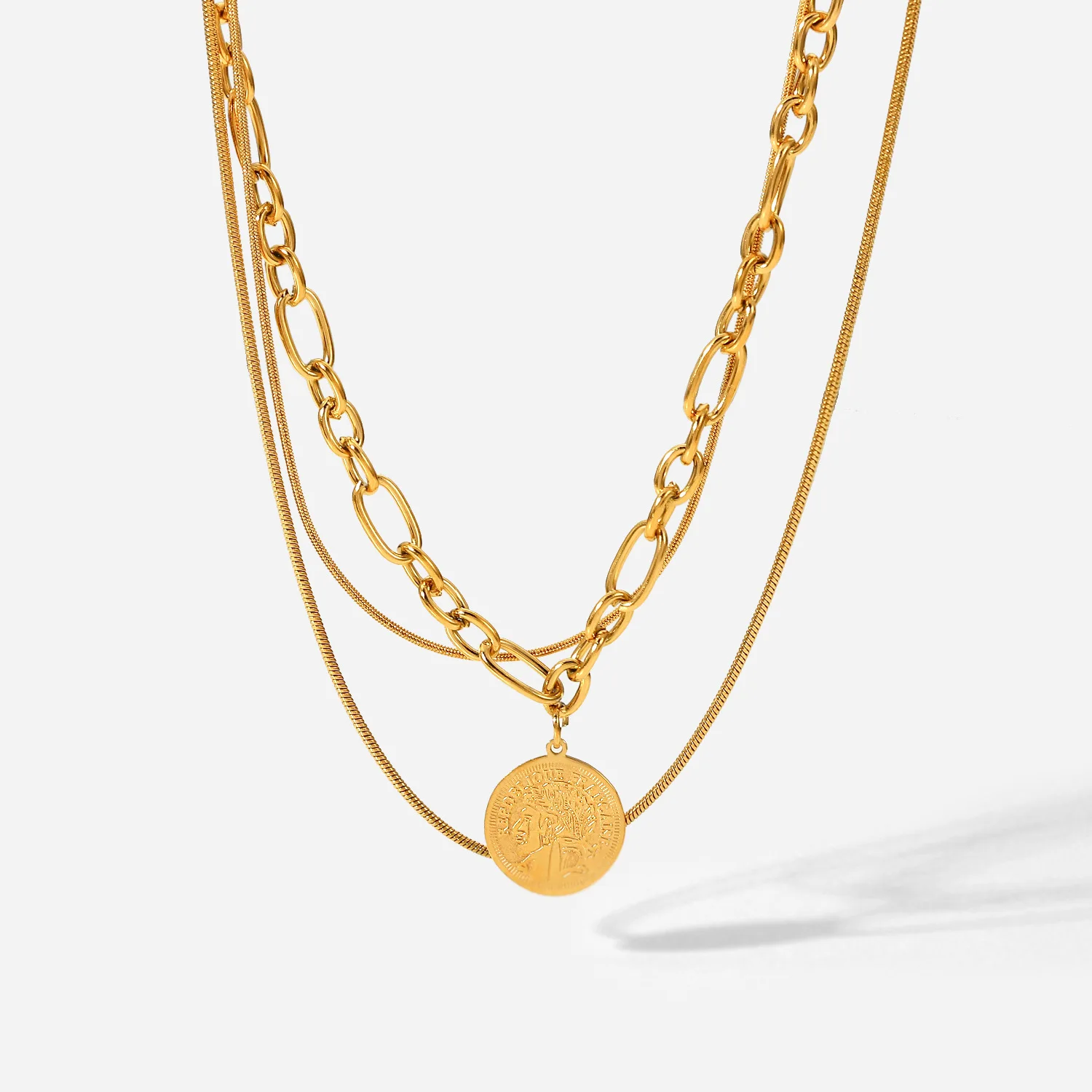 18K gold plated stainless steel triple layer coin pendant queen's face print necklace tarnish free for women fashionable jewelry, Gold color
18K gold plated stainless steel triple layer coin pendant queen's face print necklace tarnish free for women fashionable jewelry, Gold color