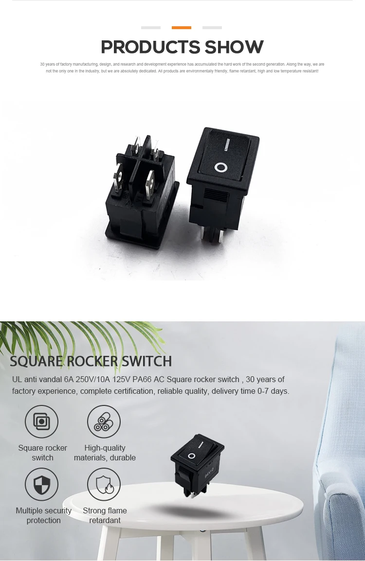 JEC JS-626PA-Q-BB-3H 4PINS black square rocker switch small light switch for home use