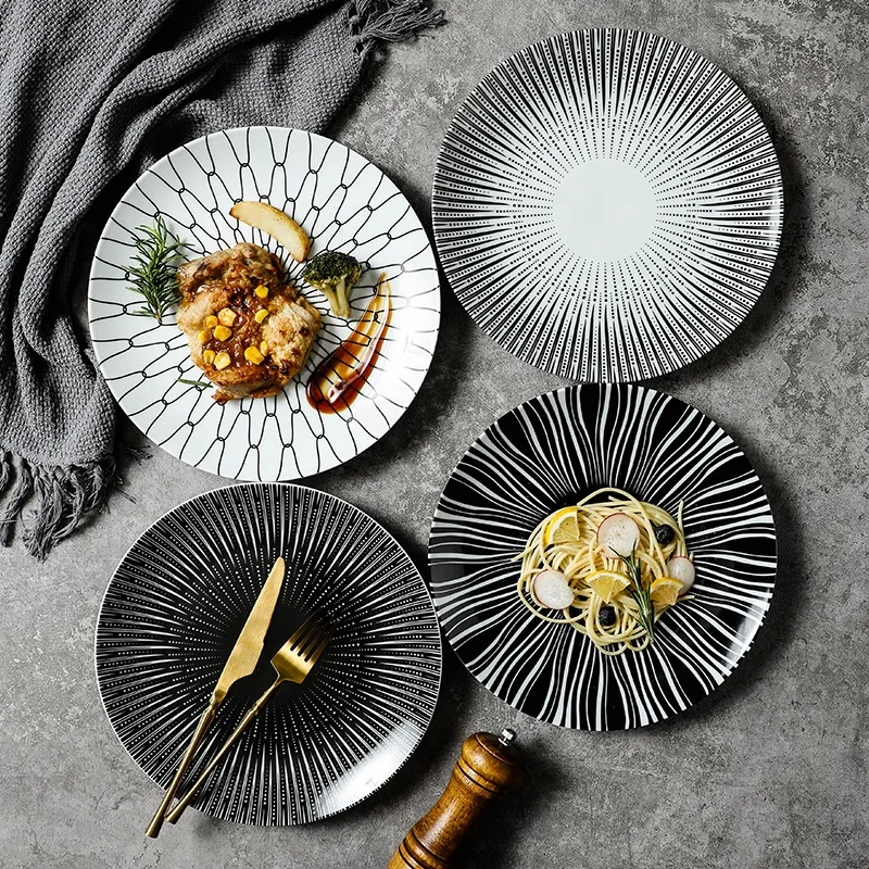 Western style black and white line spaghetti steak dish special dish dish ceramic tableware factory wholesale
Western style black and white line spaghetti steak dish special dish dish ceramic tableware factory wholesale