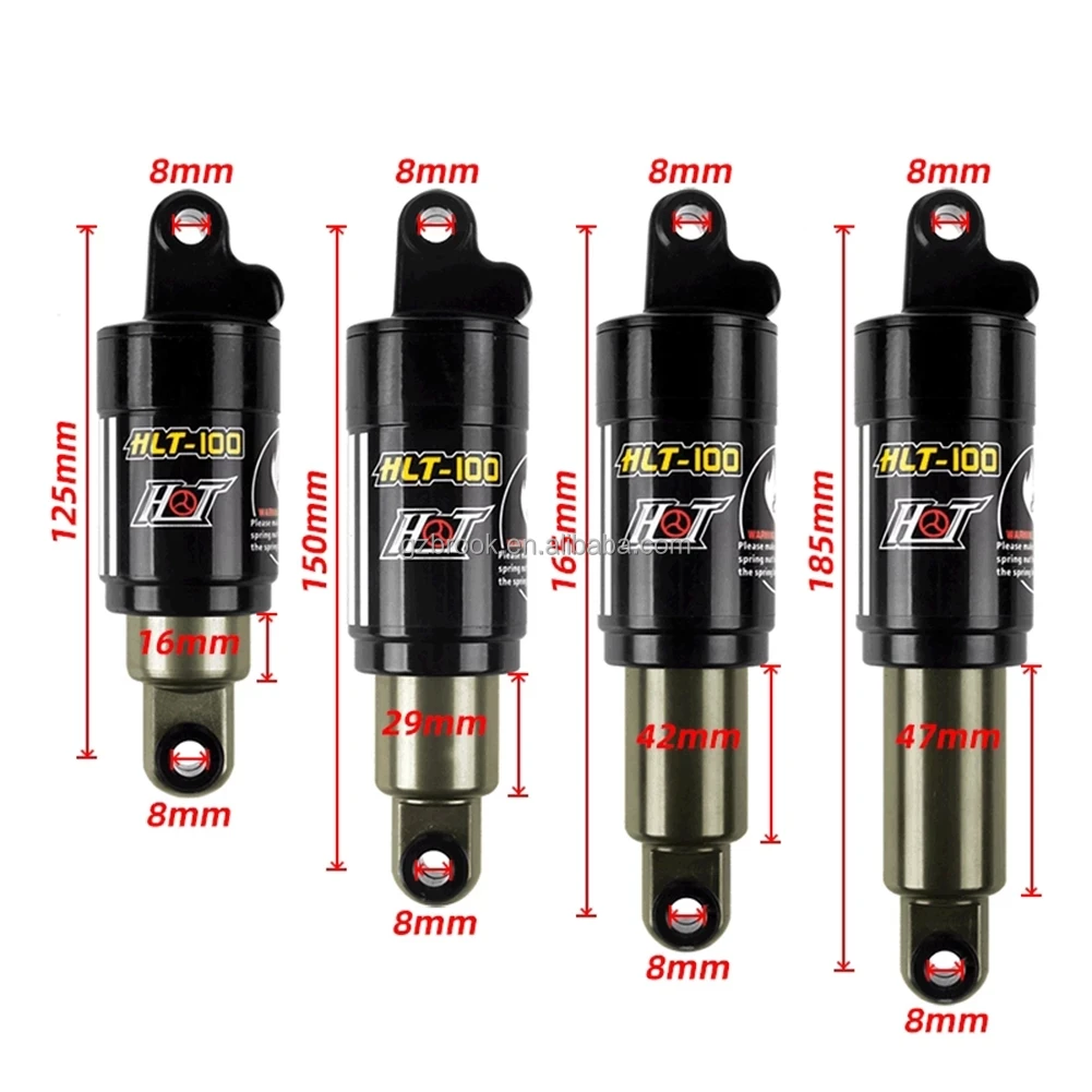 HLT-100 Mountain bicycle Rear Shocks 125/150/165/185mm 850/1000 lbs Aluminum alloy Oil Spring Shock for e-bike Snow Bike, Black
HLT-100 Mountain bicycle Rear Shocks 125/150/165/185mm 850/1000 lbs Aluminum alloy Oil Spring Shock for e-bike Snow Bike, Black