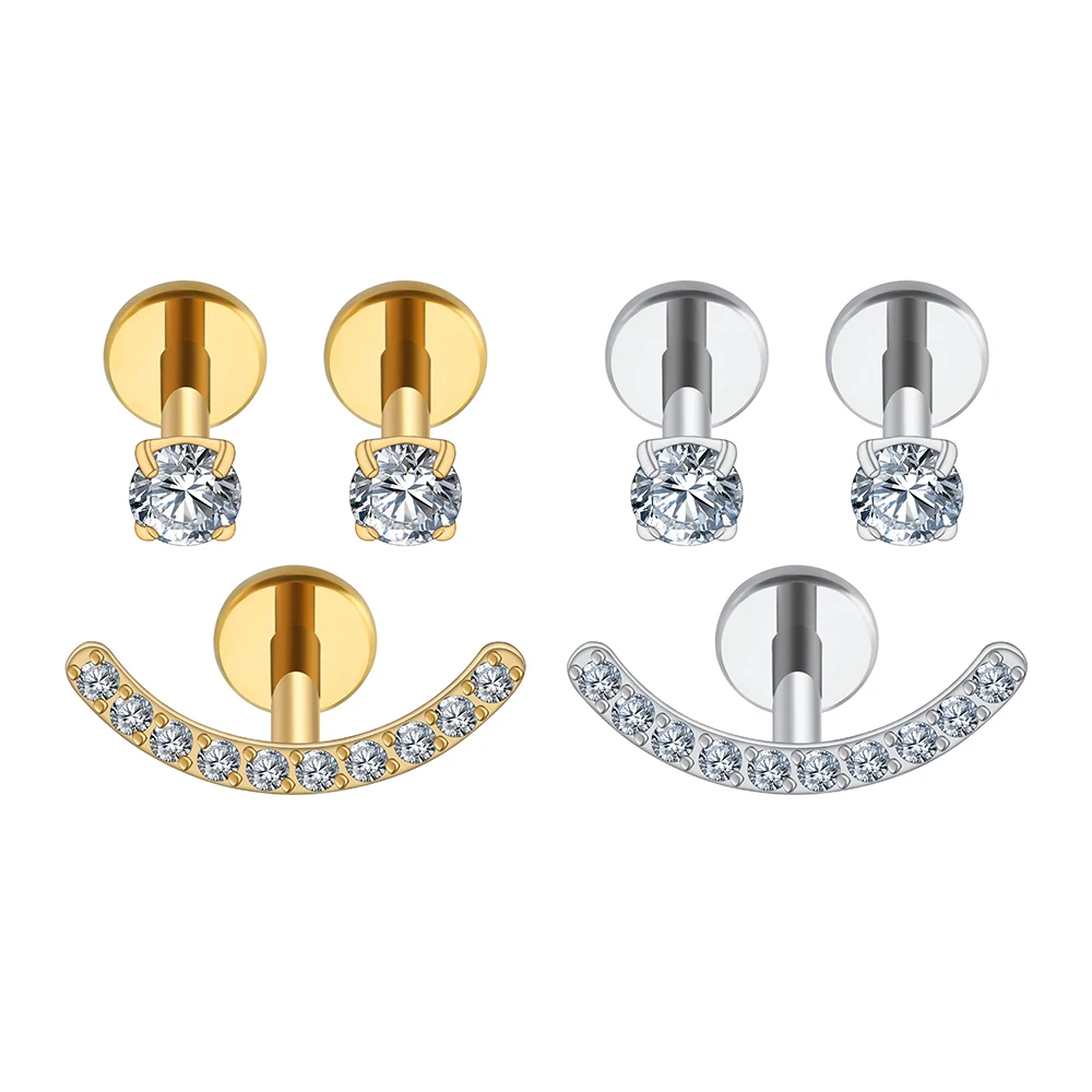 

Right Grand 3pcs/Set ASTM F136 Titanium 16G Happy Smile Stud Earrings with Cubic Zirconia Internally Threaded Flat Back Piercing