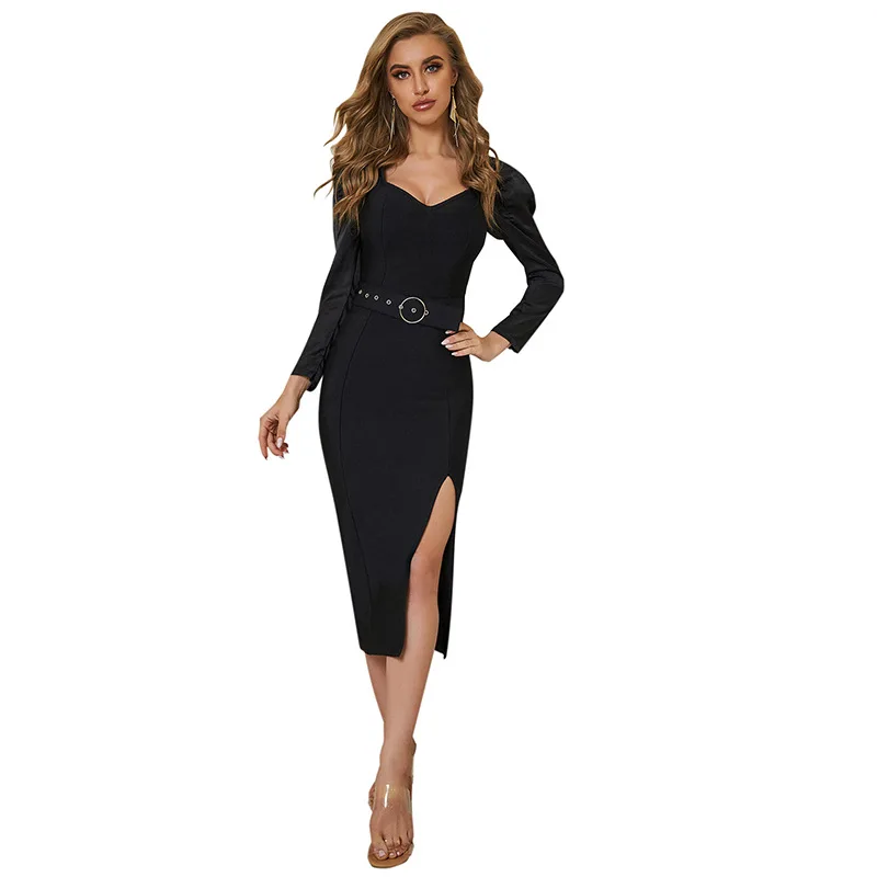 2021 autumn winter new irregular side open fork V-neck buckle belt long skirt sexy slim black evening dress
2021 autumn winter new irregular side open fork V-neck buckle belt long skirt sexy slim black evening dress