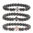 Fashion Christian Religion Jewelry Wholesales 8mm Black Hematite Beads CZ Cross Elastic Bracelet for Men Women
