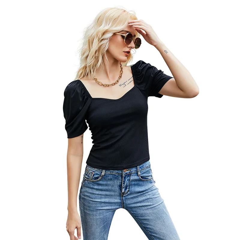 Solid medium sleeve short sexy T-shirt casual Pullover bottom shirt bubble sleeve square neck slim women's wear
Solid medium sleeve short sexy T-shirt casual Pullover bottom shirt bubble sleeve square neck slim women's wear