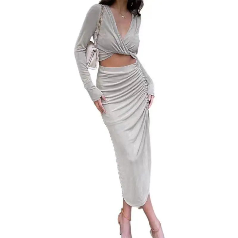 fall 2021 women clothes Long sleeve V-neck two piece skirt crop top navel Kink elegant womens dresses, Picture color
fall 2021 women clothes Long sleeve V-neck two piece skirt crop top navel Kink elegant womens dresses, Picture color