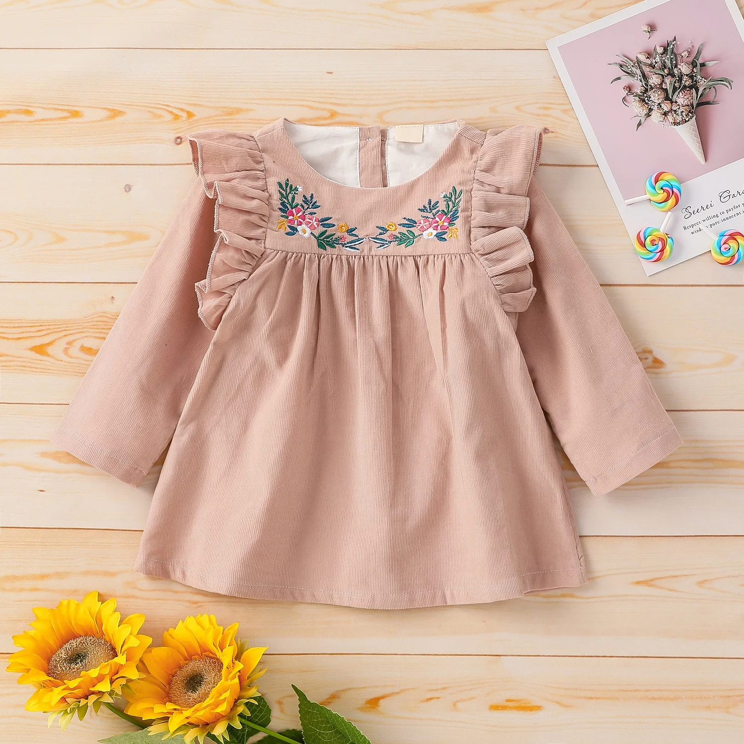 

Korean Style New 2021 Autumn Baby Girls Embroidery Floral Dresses with Apron Long Sleeve Toddlers Kids Dress Children Clothes