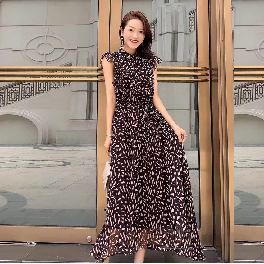 Flower Print Panel Lace Waistband Casual Elegant Women Pleated White Chiffon Dresses, Pink, black 
Flower Print Panel Lace Waistband Casual Elegant Women Pleated White Chiffon Dresses, Pink, black