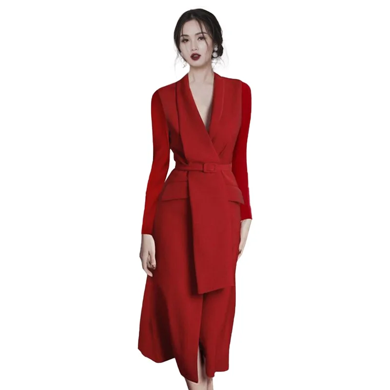 2020 New Arrival High Quality Women V Neck Solid Color Fashion Belt Red Evening blazer dress
2020 New Arrival High Quality Women V Neck Solid Color Fashion Belt Red Evening blazer dress
