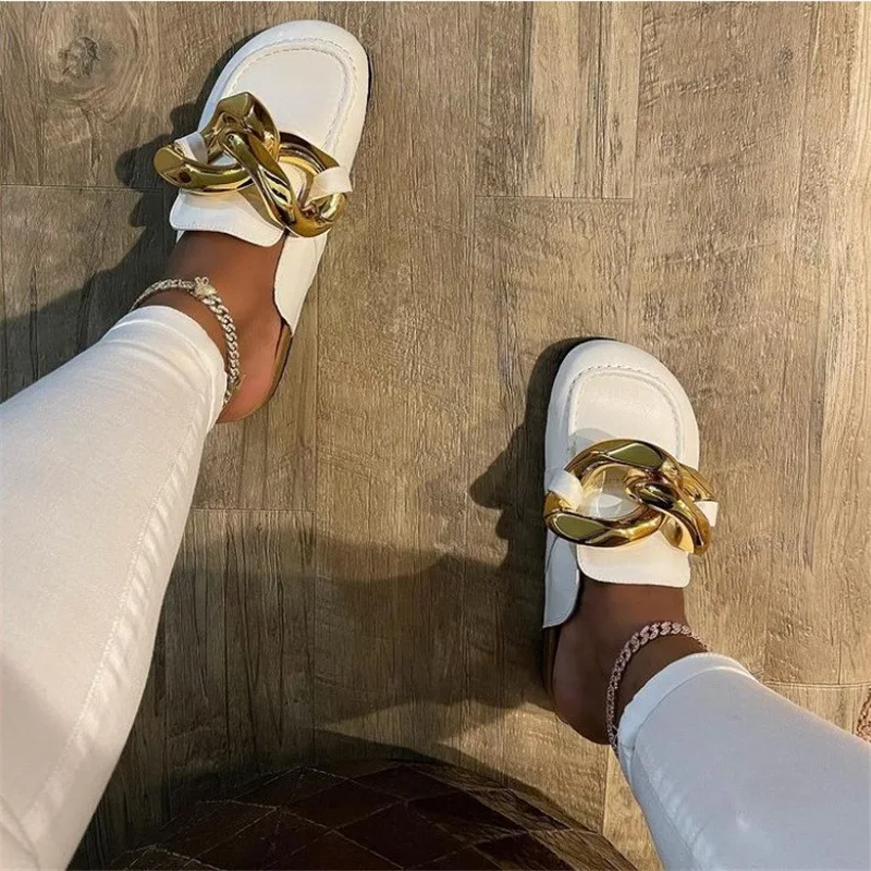 Closed Toe Spring Summer New Fashion Slides Black White Slip On Metal Decoration Chain Slipper Girl Sandals Flat Heel, Black blue white pink
Closed Toe Spring Summer New Fashion Slides Black White Slip On Metal Decoration Chain Slipper Girl Sandals Flat Heel, Black blue white pink