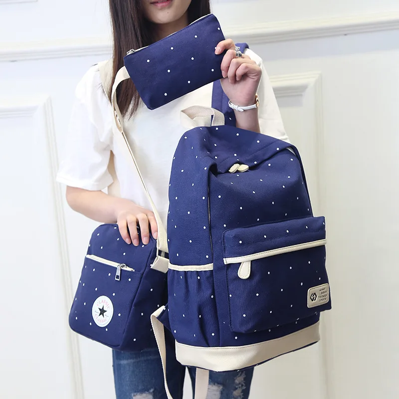 Polka dot three-piece picture-mother bag outdoor leisure canvas backpack college style large-capacity school bag, Light blue,dark blue,black,green,light pink 
Polka dot three-piece picture-mother bag outdoor leisure canvas backpack college style large-capacity school bag, Light blue,dark blue,black,green,light pink
