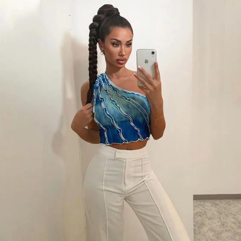 Women Summer One Shoulder Tie Dye Sexy Blue Top New Wave Cut Sleeveless Short Tank Tops 2021 Aesthetic Crop Top Shirt
Women Summer One Shoulder Tie Dye Sexy Blue Top New Wave Cut Sleeveless Short Tank Tops 2021 Aesthetic Crop Top Shirt