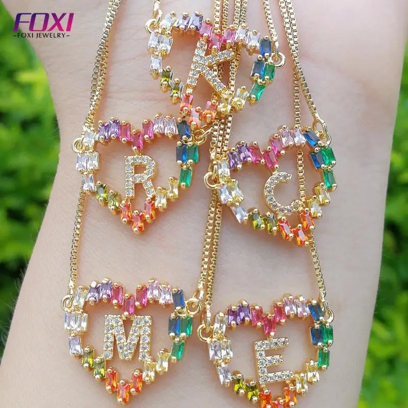 

Foxi Jewelry Ice Middle A-Z Initial Alphabet Heart Pendant Color CZ Gemstone Women Necklace