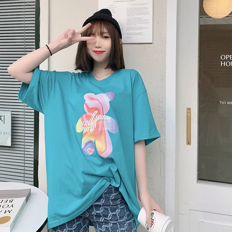 Women's new bear print short sleeve T-shirt women's loose cotton Korean half sleeve top bottom shirt 64016
Women's new bear print short sleeve T-shirt women's loose cotton Korean half sleeve top bottom shirt 64016