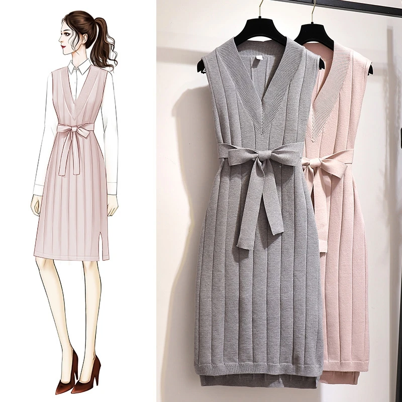 Spring Autumn Women's Knit Sleeveless Sweater Dresses With Waistband Sashes V-neck Elegant Casual Loose Shift Dress
Spring Autumn Women's Knit Sleeveless Sweater Dresses With Waistband Sashes V-neck Elegant Casual Loose Shift Dress
