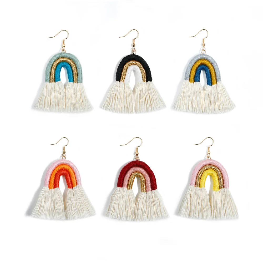 Bohemian women hand woven tassel earrings handmade cotton weaving macrame rainbow earrings
Bohemian women hand woven tassel earrings handmade cotton weaving macrame rainbow earrings