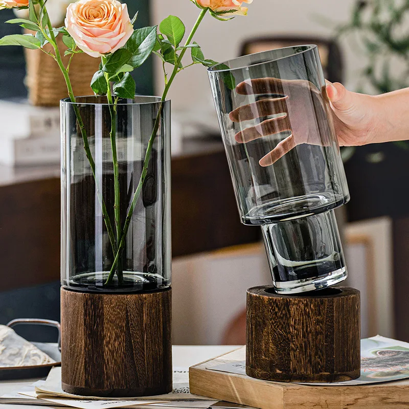Creative Wooden Base Vase Glass Flowers Vase Living Room Dining Table Home Decoration Vase, Grey and green
Creative Wooden Base Vase Glass Flowers Vase Living Room Dining Table Home Decoration Vase, Grey and green