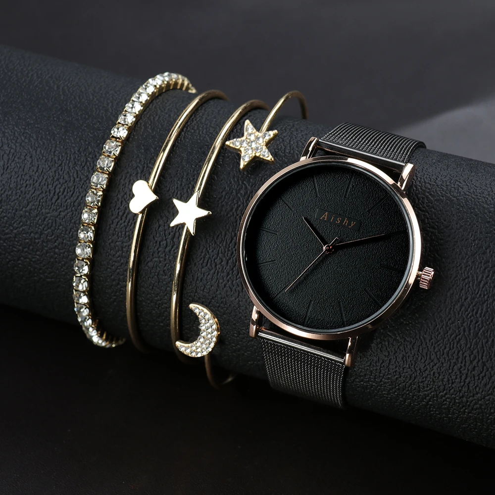 Ladies Stainless Steel Strap Watches Minimalist Quartz Watch 5 PCS Bracelets Set Casual Factory Direct Price Women Gold Black
Ladies Stainless Steel Strap Watches Minimalist Quartz Watch 5 PCS Bracelets Set Casual Factory Direct Price Women Gold Black