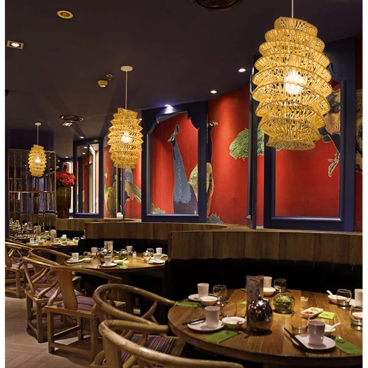 Fish basket shape natural handmade rattan chandelier bamboo wooden for restaurant resort pendant light
