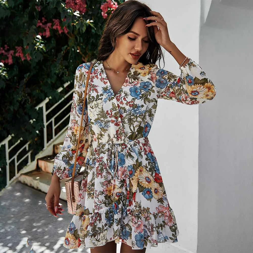 UP-V-neck Long Sleeve Chiffon Print Dress Women Floral Dress, Picture color 
UP-V-neck Long Sleeve Chiffon Print Dress Women Floral Dress, Picture color