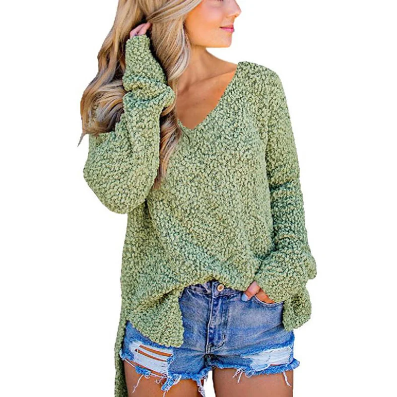 

V Neck Popcorn Texture Loose Sweater Designs for Women
