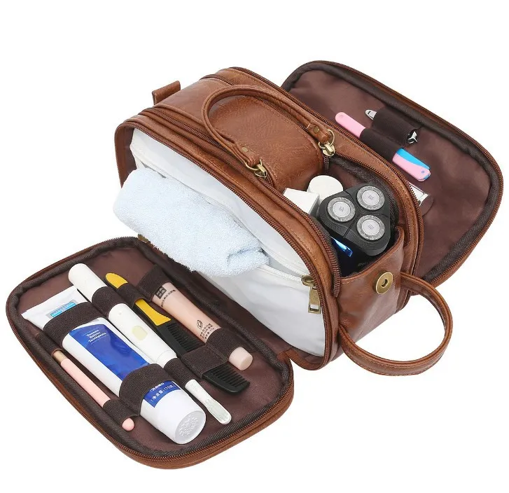 

Custom Logo Pu Leather Toiletry Bag for Men Travel Shaving Dopp Kit-Large Cosmetic Bags Toiletry Bathroom Organizer Bag