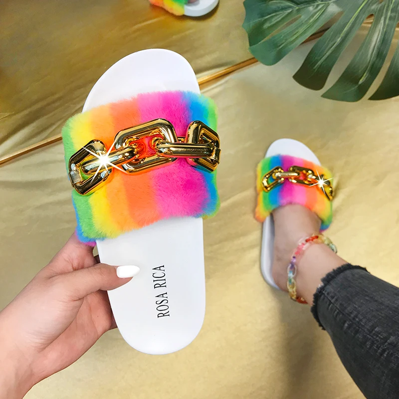 Rainbow Faux Fur Women Slides with Multi Color Stitching Fur Slipper with Chain Lady Sandals, Black/ white
Rainbow Faux Fur Women Slides with Multi Color Stitching Fur Slipper with Chain Lady Sandals, Black/ white