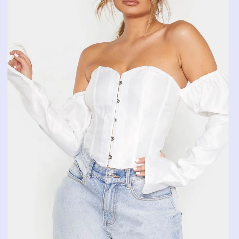 Lace Up Women Corset Top With Shoulder Sleeves, White, black
Lace Up Women Corset Top With Shoulder Sleeves, White, black