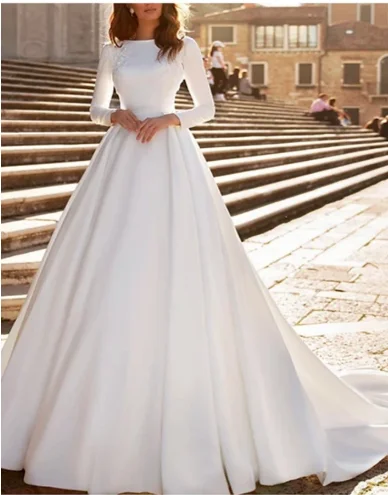 Boat Neck Long Sleeve Satin Wedding Dressed 2021 Cheap Ball Gown Bride Wedding Dress, Custom made
Boat Neck Long Sleeve Satin Wedding Dressed 2021 Cheap Ball Gown Bride Wedding Dress, Custom made