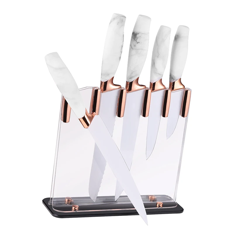 Justa Hot Sale 5 Pcs Rose Gold Circlet White Coating Kitchen Chef Knife Set With Block Stand
Justa Hot Sale 5 Pcs Rose Gold Circlet White Coating Kitchen Chef Knife Set With Block Stand