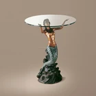 Glass Coffee Table Modern Table Furniture with Bronze Mermaid Statue Base