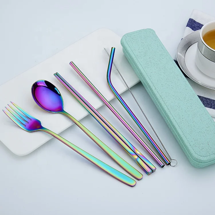 

18/8 Multicolour Stainless Steel Chopsticks Fork Spoon Cutlery Straw Set With Wheat Box