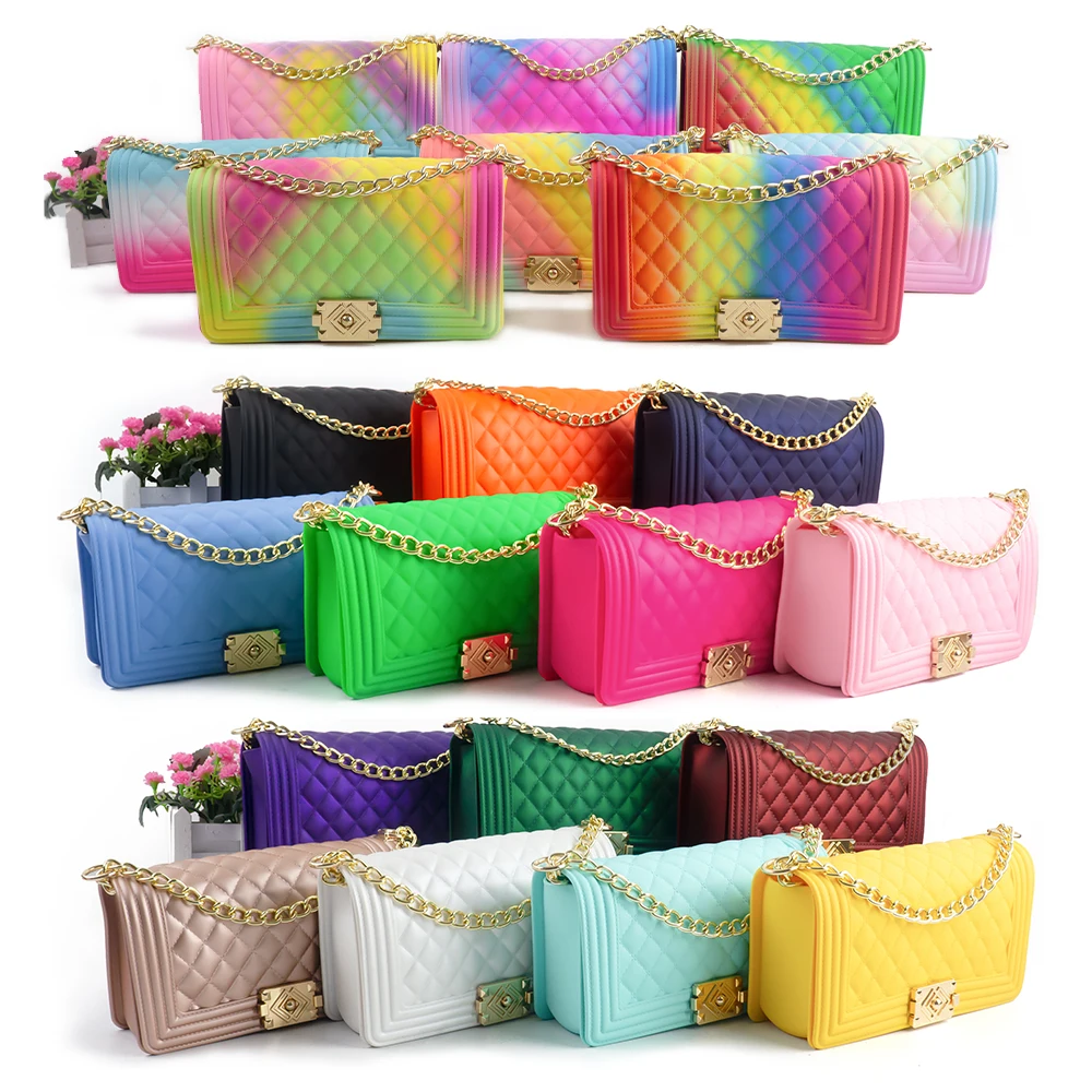 New Arrivals PVC Jelly bags and Purses Colorful Rainbow Candy Handbag Chains Shoulder Cross body Bag Women Hand bags Jelly Purse
New Arrivals PVC Jelly bags and Purses Colorful Rainbow Candy Handbag Chains Shoulder Cross body Bag Women Hand bags Jelly Purse