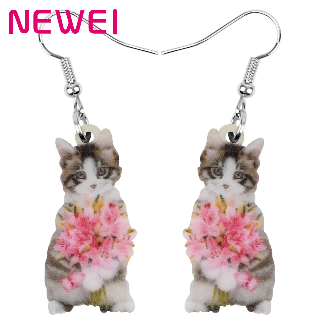 

Acrylic Valentine's Day Sweet Flower British Shorthair Cat Kitten Earrings Animal Drop Dangle Jewelry For Women Girls Teens Gift, Pink
