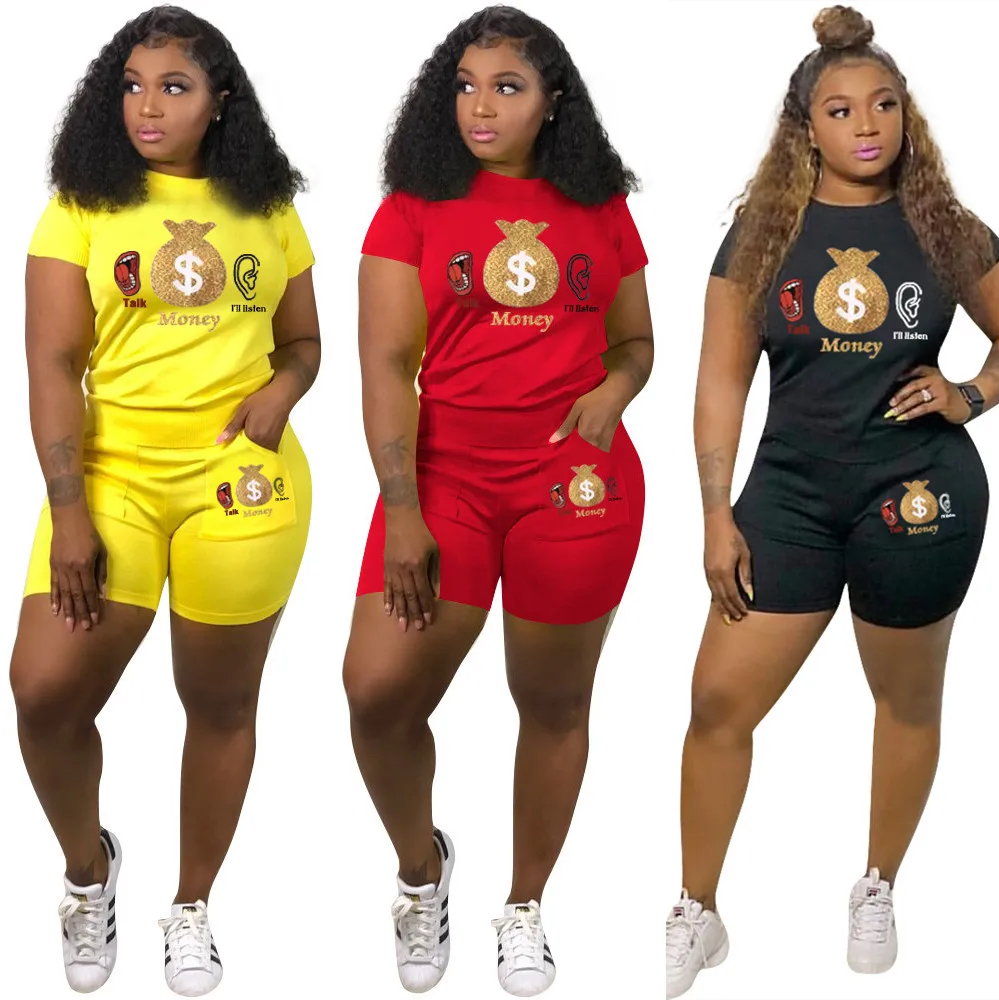 summer 2021 women clothing 2 piece outfit solid color printing short sleeve round neck top and short with pocket two piece set
summer 2021 women clothing 2 piece outfit solid color printing short sleeve round neck top and short with pocket two piece set